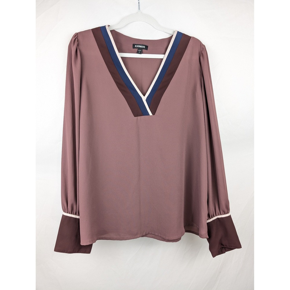Express Long‎ Sleeve Colorblock V Neck Top Size L Pink Mauve Boho Classic Career - Picture 2 of 10